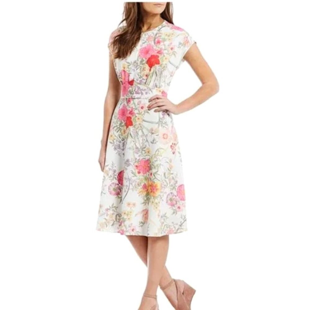 Gibson Latimer Women's Floral Belted A-line Silky Dress in Medium